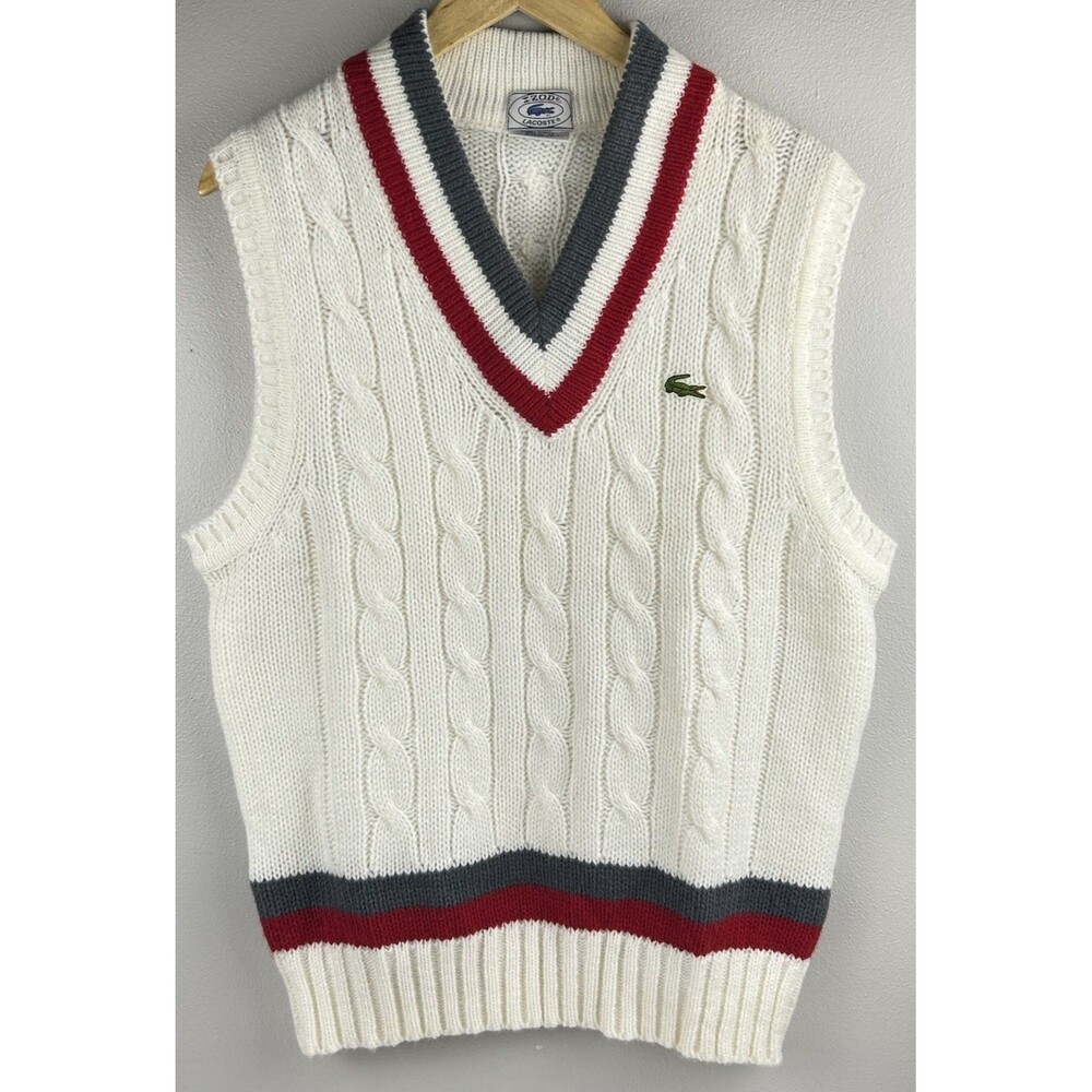 Vintage Izod Lacoste Sweater Vest Mens Medium White Cricket Cable Knit Acrylic